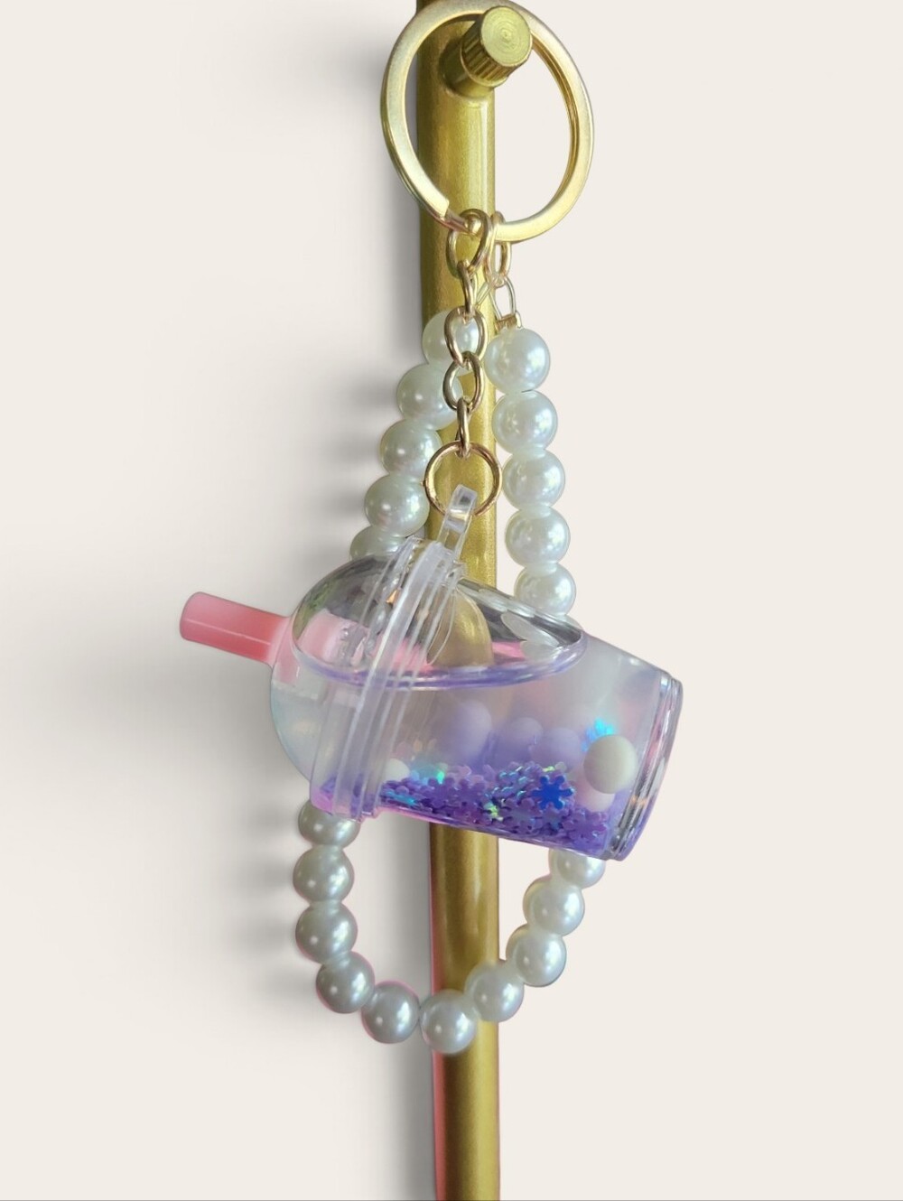 Pearl Beaded Bubble Tea Keychain Charm in Iridescent Purple